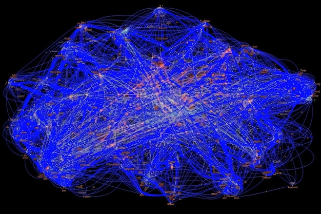 Photo complex data network connecting nodes with lines forming abstract shape