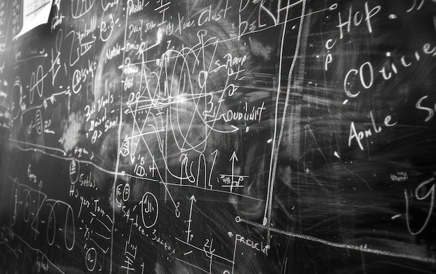 Photo complex math formulas and diagrams drawn on a chalkboard education and scientific research concept