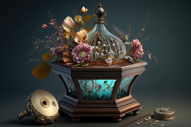 Complex music box with needle bed and vase of flowers on table created with generative ai