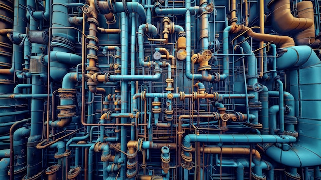 Complex network of industrial pipes and valves with a mixture of blue and rust coloring creating an intricate pattern of connections