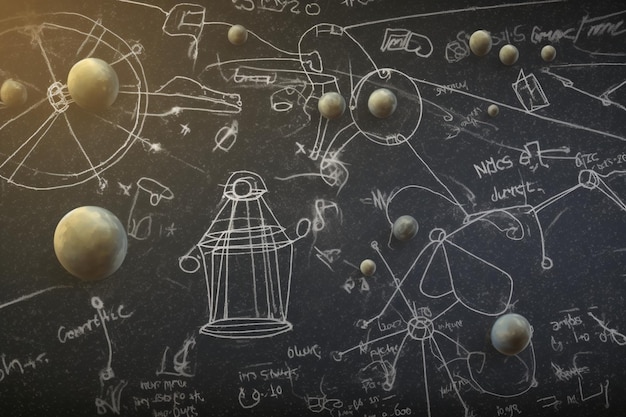 Photo complex physics formulas on chalkboard