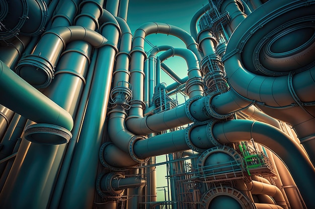 Complex of pipes and pipelines at refinery plant created with generative ai