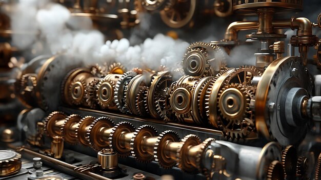 Photo complex steampunk device array of gears steam brass parts rendered ultrarealistic detail in ultra hd