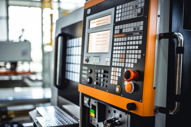 Photo complexity revealed cnc machine control panel shows data and graphs on multiple screens