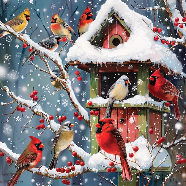 Photo compose a festive winter painting highlighting a brightly colored birdhouse surrounded by various bi