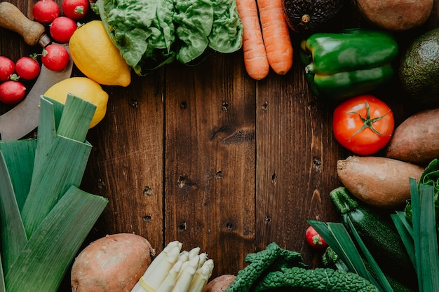 Composed raw vegetables in row