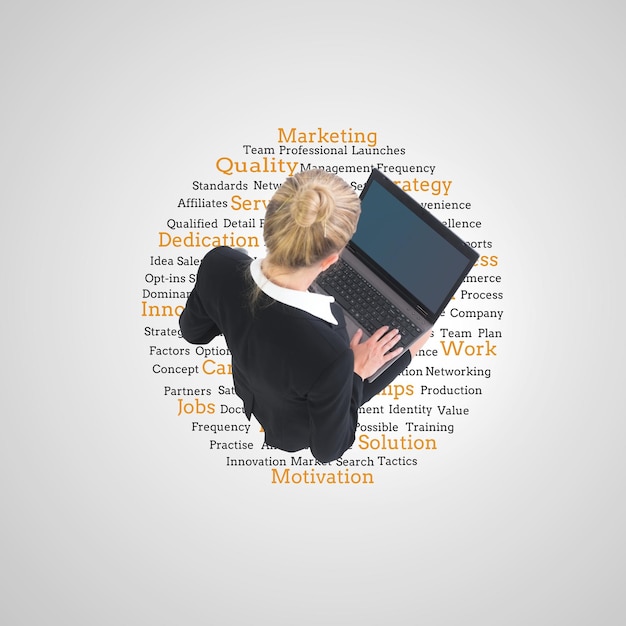 Photo composite image of blonde businesswoman using laptop