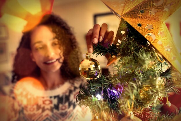 Photo composite image of brown parquet against woman at home at christmas time