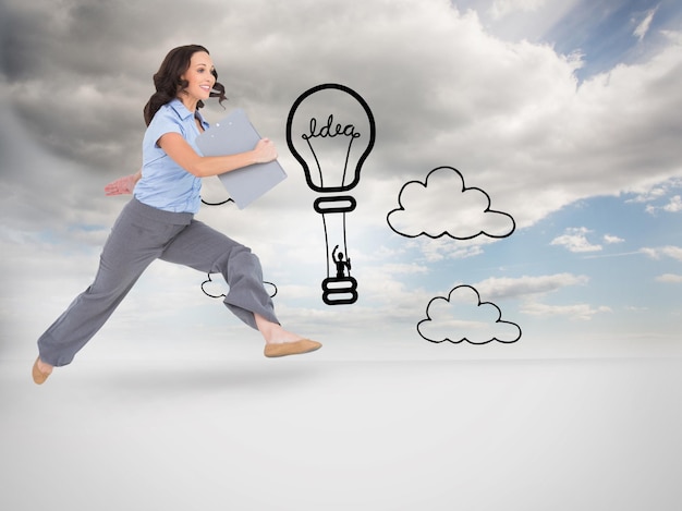 Composite image of cheerful classy businesswoman jumping while holding clipboard