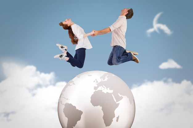 Photo composite image of couple jumping and holding hands