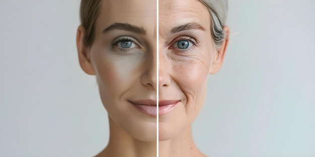 A Composite Image Depicting a Woman39s Face Reflecting Youth and Age Concept Portrait Photography Aging Gracefully Facial Expressions Digital Manipulation Beauty Standards