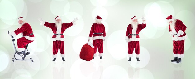 Photo composite image of different santas against grey abstract light spot design