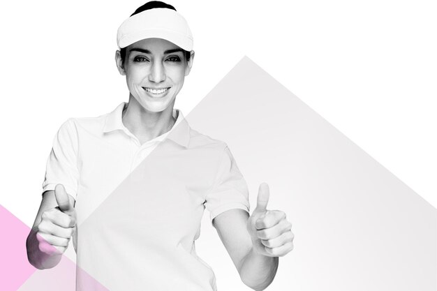 Composite image of female athlete showing thumbs up