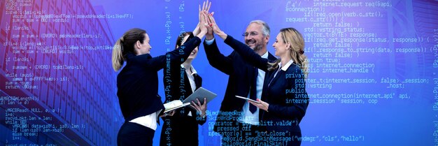 Composite image of happy business people giving high five against white background