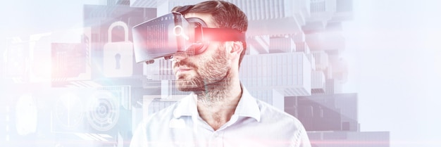 Composite image of man with beards using oculus rift headset