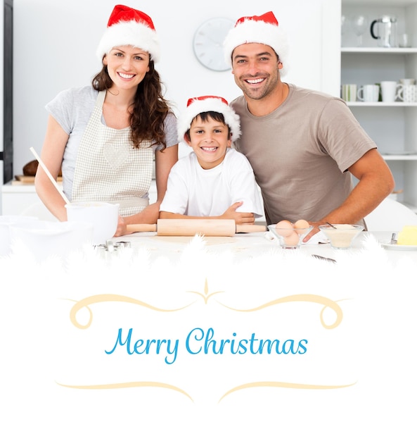 Composite image of portrait of a happy family preparing christmas cookies