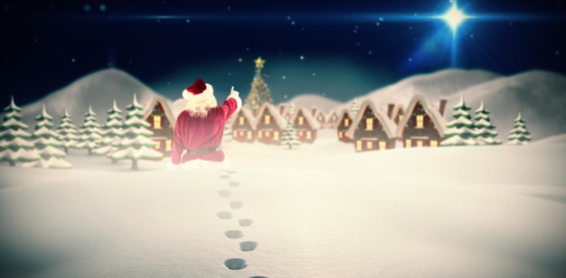 Composite image of santa claus points at something