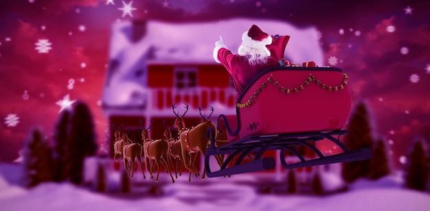 Composite image of santa claus riding on sleigh during christmas