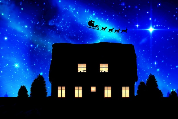 Composite image of side view of santa claus riding on sleigh during christmas