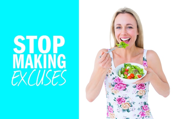 Photo composite image of smiling blonde eating bowl of salad