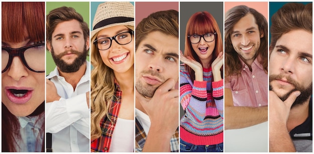 Composite image of smiling hipster woman holding her glasses