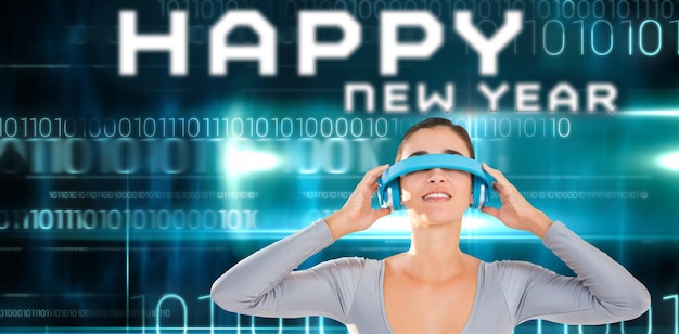 Composite image of smiling woman using virtual video glasses