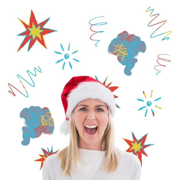 Composite image of stressed blonde in santa hat