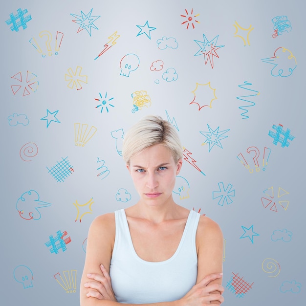 Photo composite image of upset blonde looking at camera with arms crossed