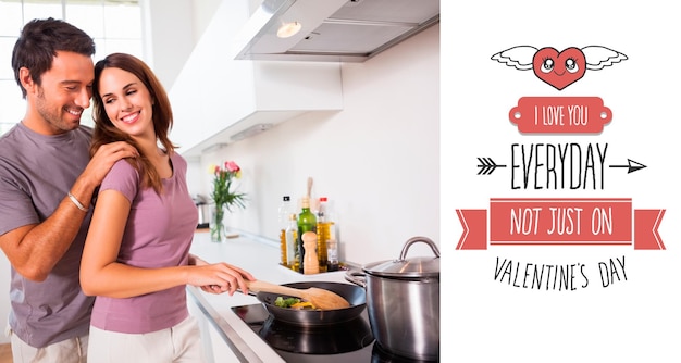 Composite image of woman preparing food at the stove