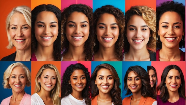 Composite portrait of headshots of different smiling women from all genders and age including all e