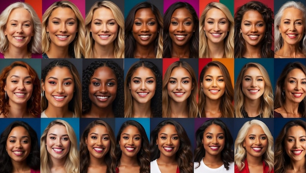 Composite portrait of headshots of different smiling women from all genders and age including all e