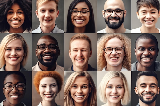 A composite portrait image is created by a collage of a large group of smiling people showcasing the diversity of the individuals and their expressions of happiness Generative AI