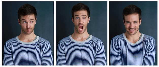 Photo composite portrait and man with expressions or funny faces in studio for shock wow and happy or surprise male person collage and comic emotion isolated on backdrop for meme joke and smile