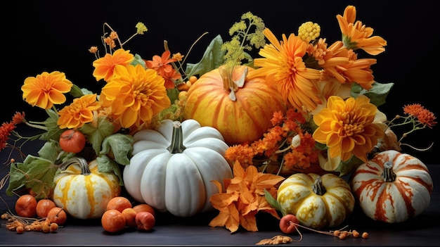 Composition autumn bouquet of flowers and pumpkin created with Generative AI technology