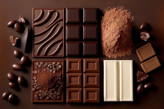 Composition of bars and pieces of various milk and dark chocolate along with grated cocoa in close up top view on a brown background