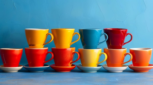 Photo composition of bright colorful ceramic mugs stacked on round shaped saucer against blue background