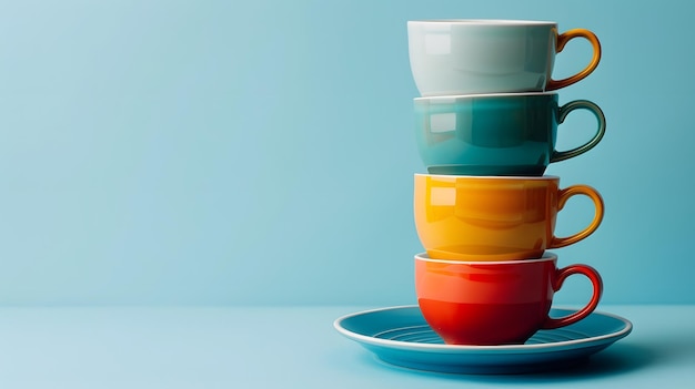 Photo composition of bright colorful ceramic mugs stacked on round shaped saucer against blue background