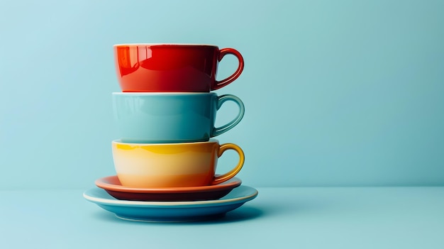 Photo composition of bright colorful ceramic mugs stacked on round shaped saucer against blue background