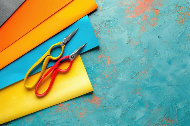 Photo composition of colored sheets and scissors