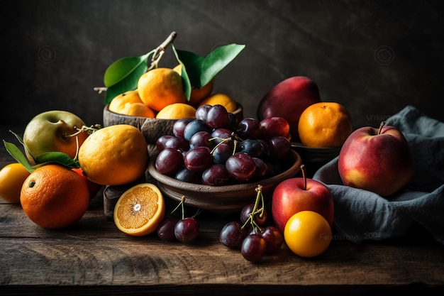 Composition of colorful fruits on a wooden table