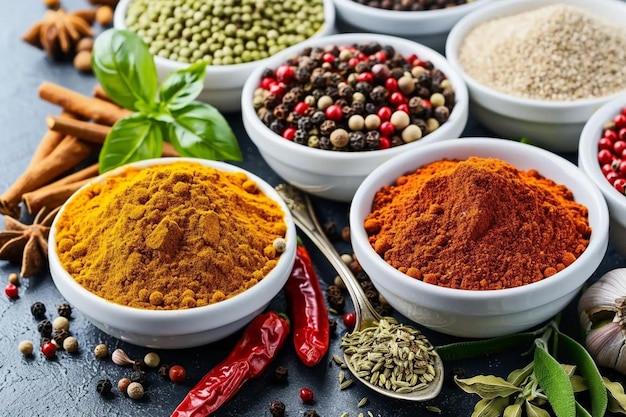 Composition consisting of variations of spices in white bowls and metal spoons