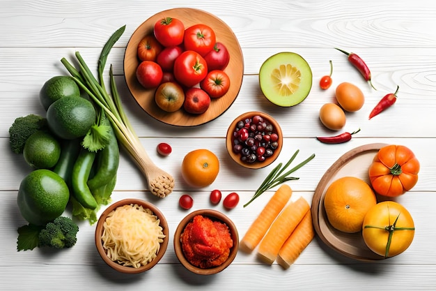 Composition of different fruits and vegetables on white background