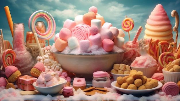 Composition of different types of sweets marmalade and cotton candy Created with Generative AI