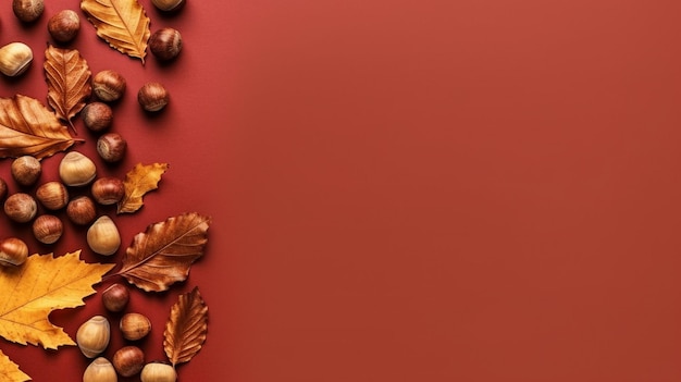 Composition of dried leaves chestnuts and acorns representing autumn and fall top perspective copy space and a flat lay