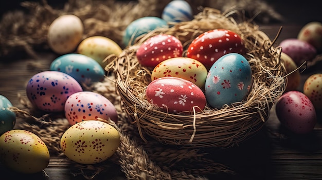 Composition of Easter colorful eggs with ornament in basket on wooden background Selective focus