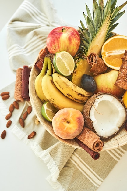 Composition of exotic fruits. Top view. Close up.