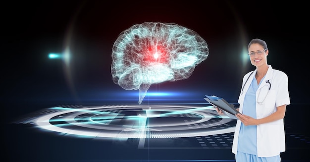 Composition of female doctor over virtual screen with brain model