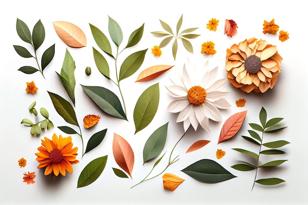 Composition of flowers Frame pattern made from different dried flowers and leaves on white background Flat lay top view copy space