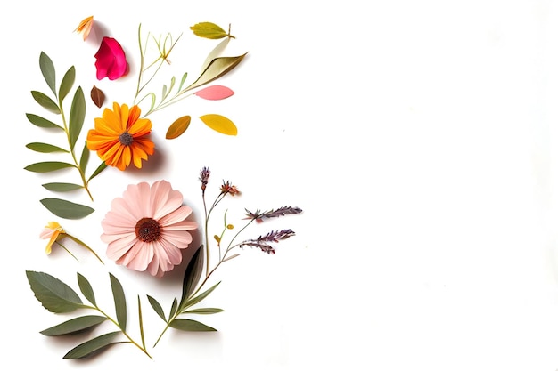 Composition of flowers Frame pattern made from different dried flowers and leaves on white background Flat lay top view copy space