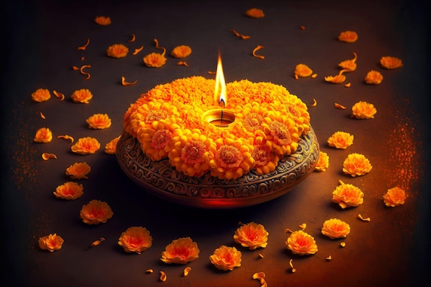 Composition in form of pot decorated with marigold flowers and candle